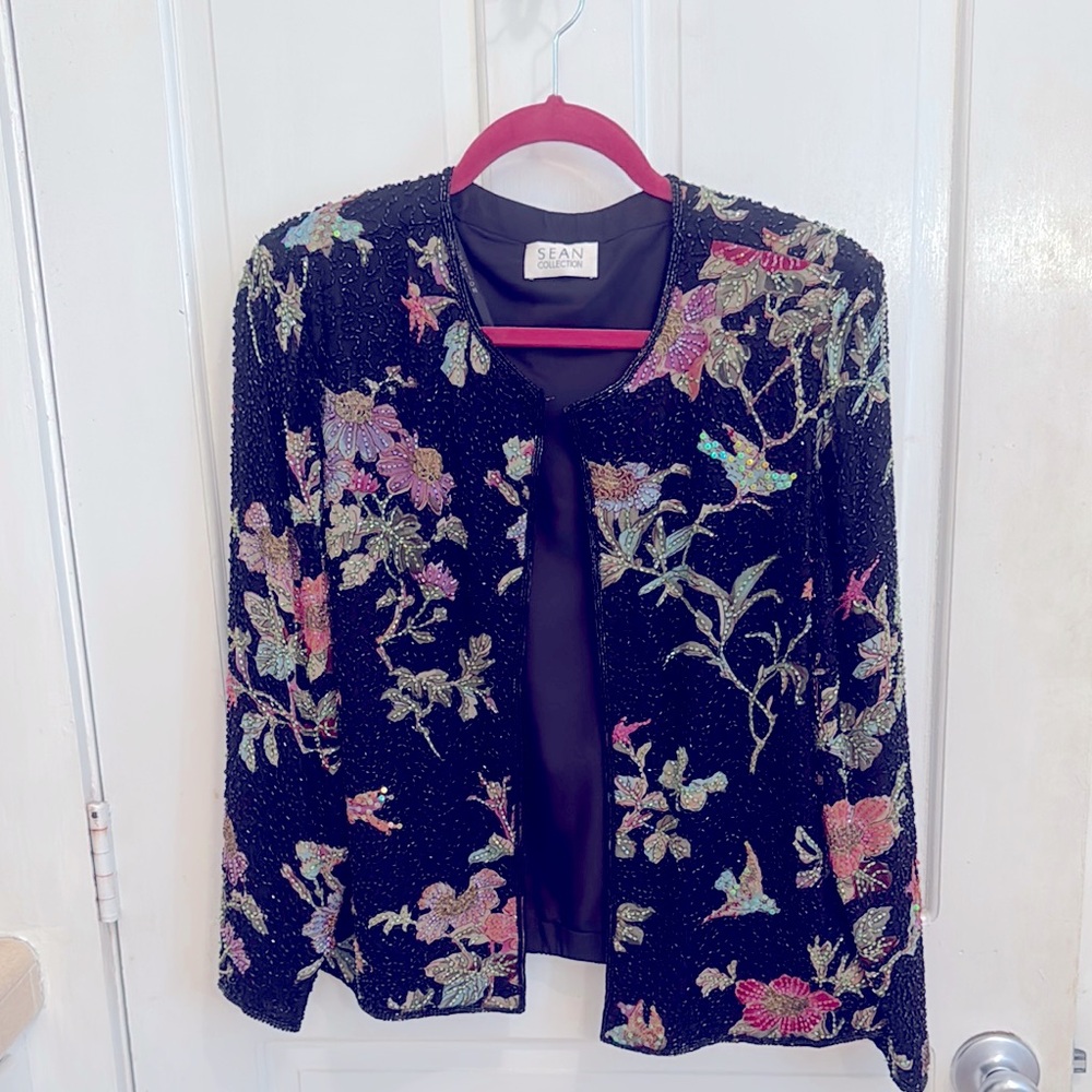 Sean Collection Floral Beaded Jacket Blazer with Elegant Floral Design Large